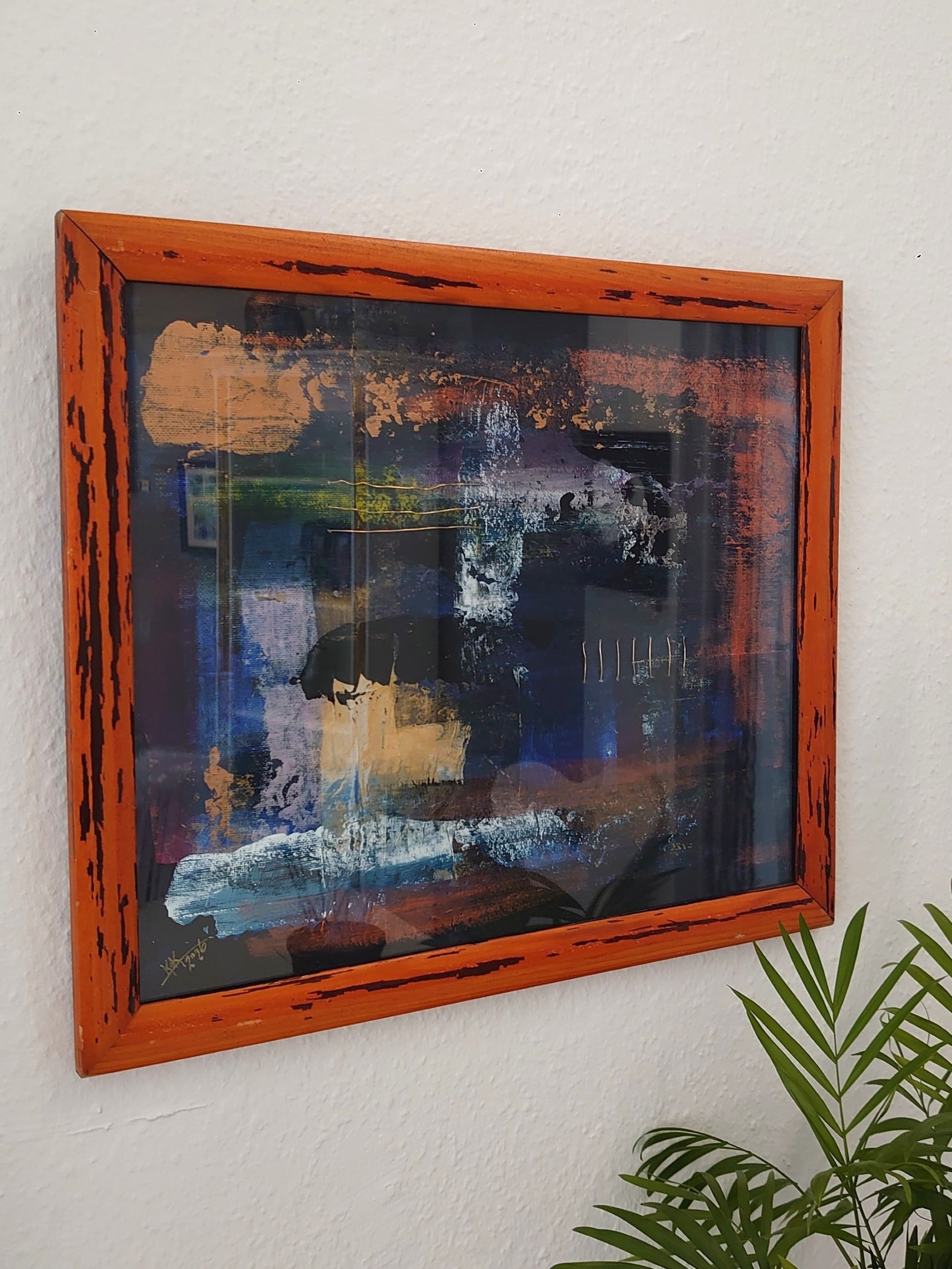 Nr 4: Fantasi i blå og gyldent. Akryl mm på pap. 34x29cm + ramme