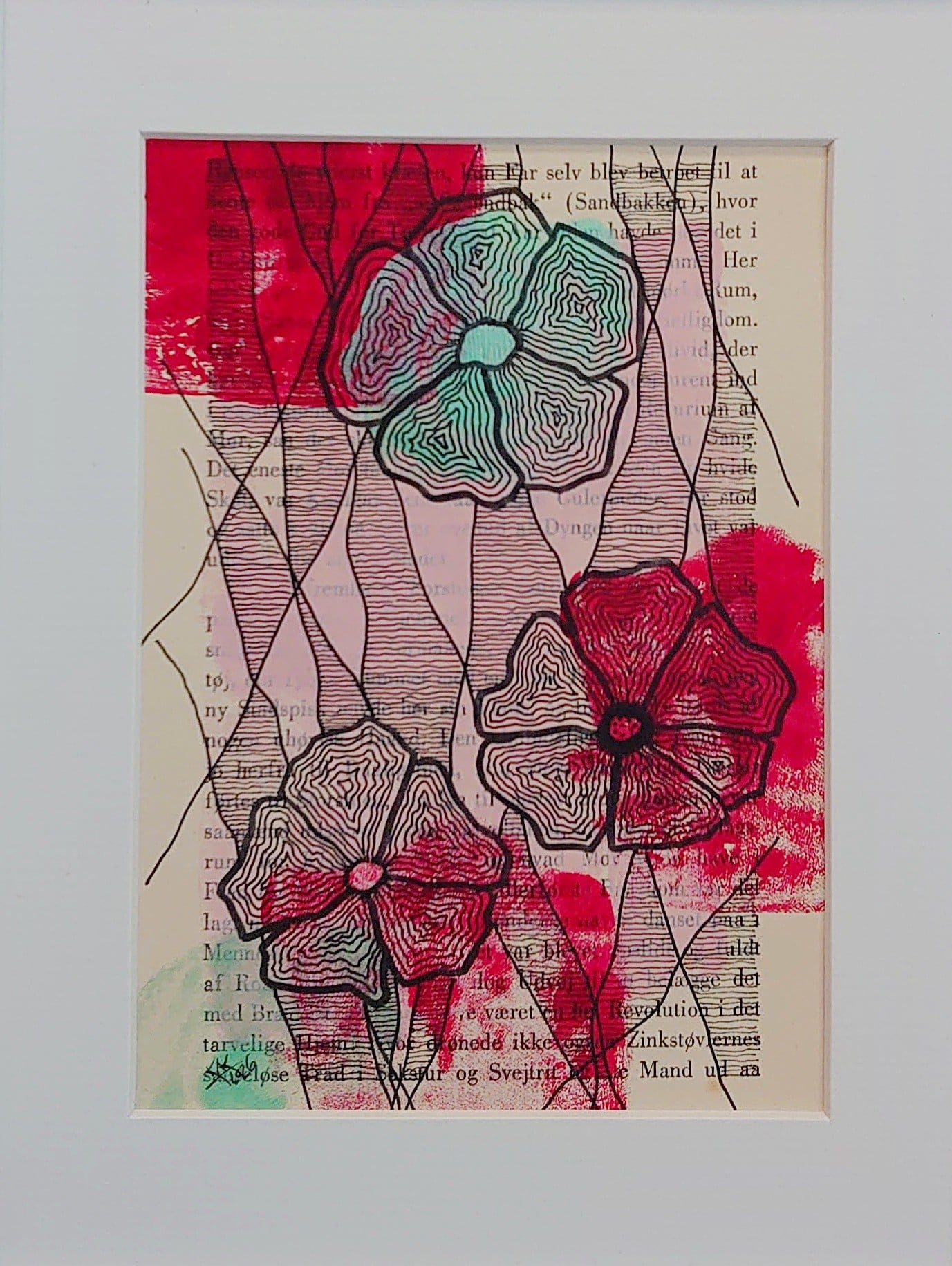Nr 7: Grafisk blomst nr 1. Akryl og tuschpen på bogside. 12x17cm + indramning