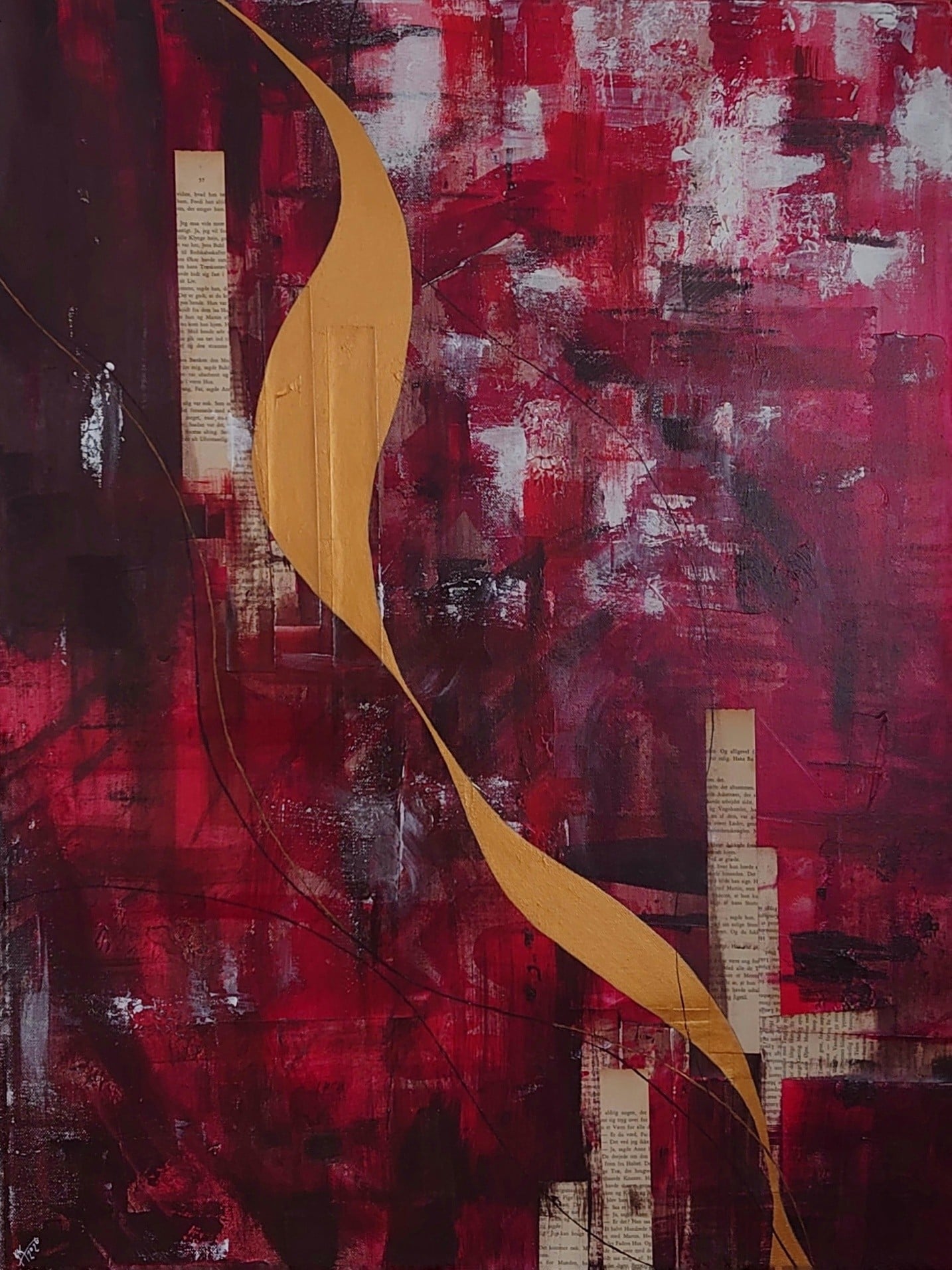 Nr 1: Fantasi i rød og guld. Akryl mm på lærred. 60x80cm
