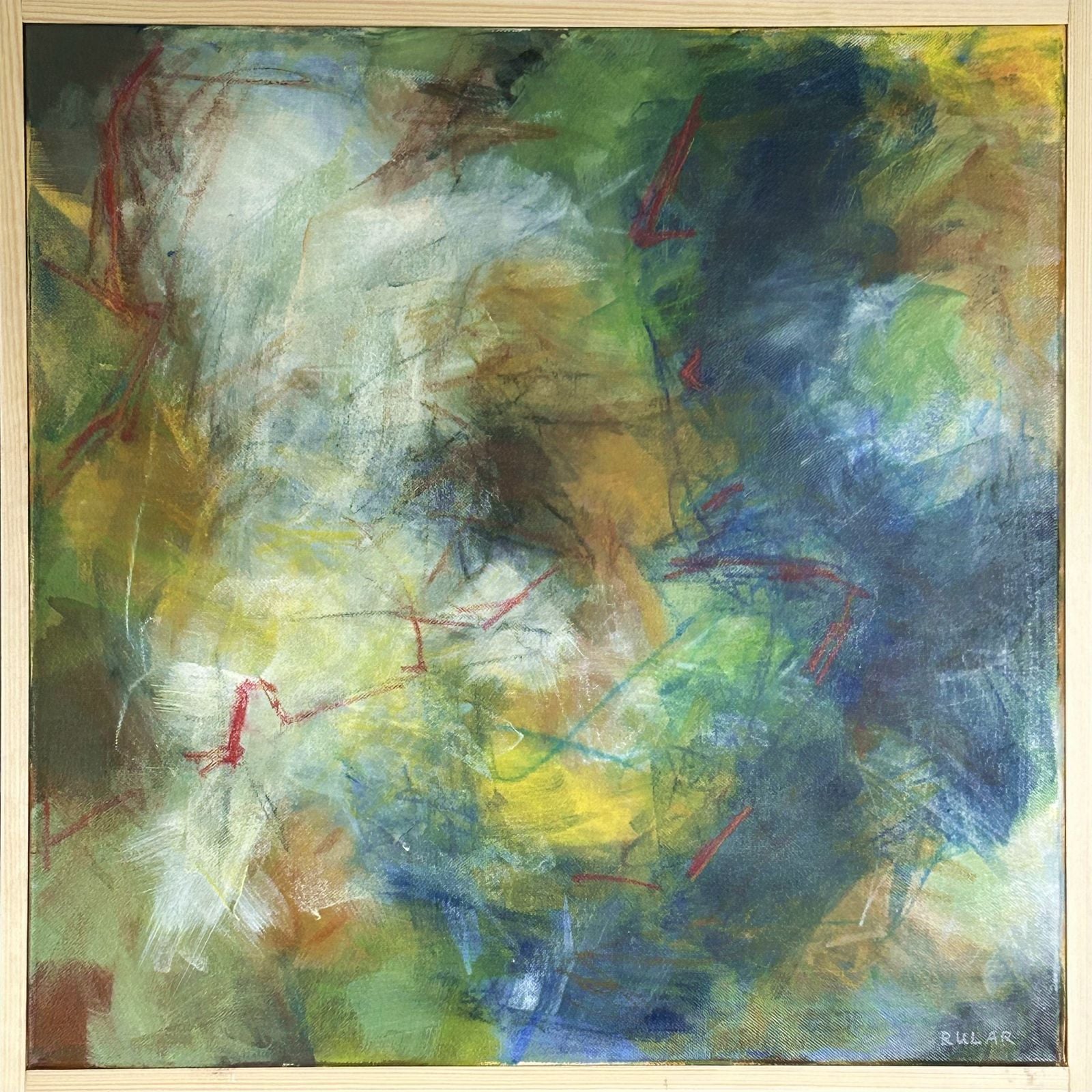 Skygger i haven om eftermiddagen. Akrylfarver på lærred. Mål: 60 x 60 cm.