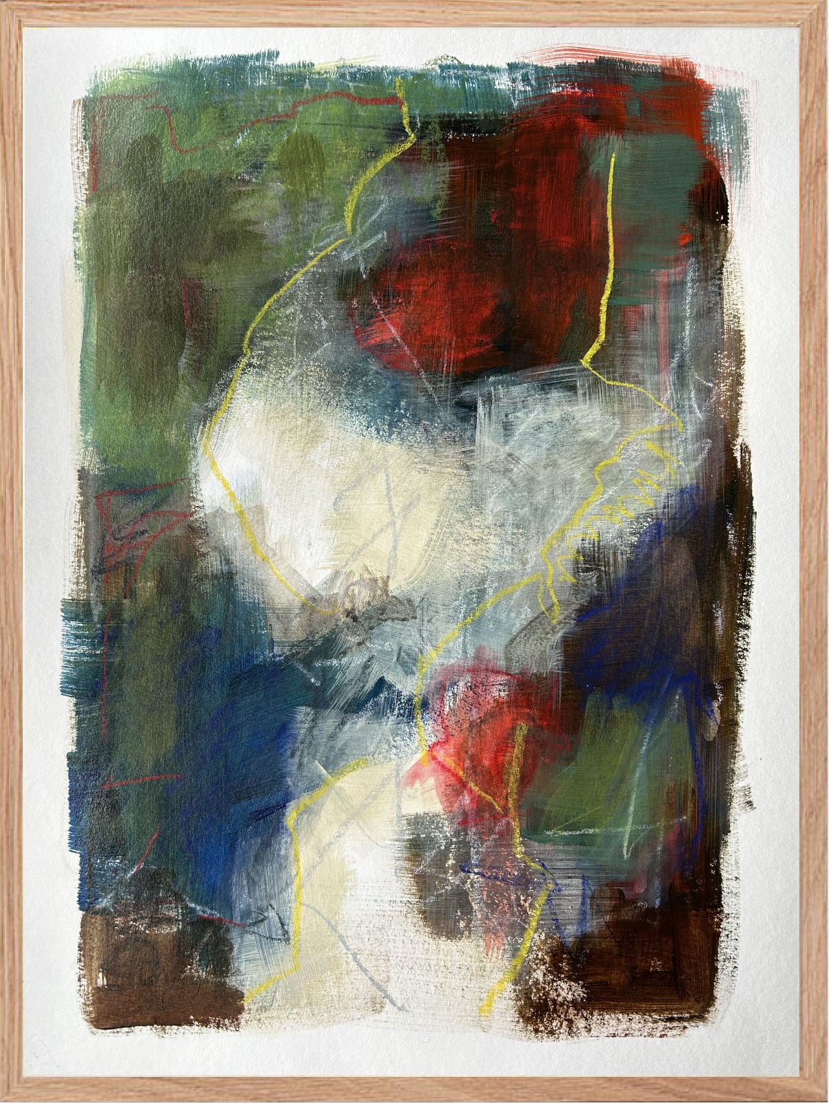 En aften i marts. Akrylfarver og pastel på papir. Mål: 30 x 40 cm.