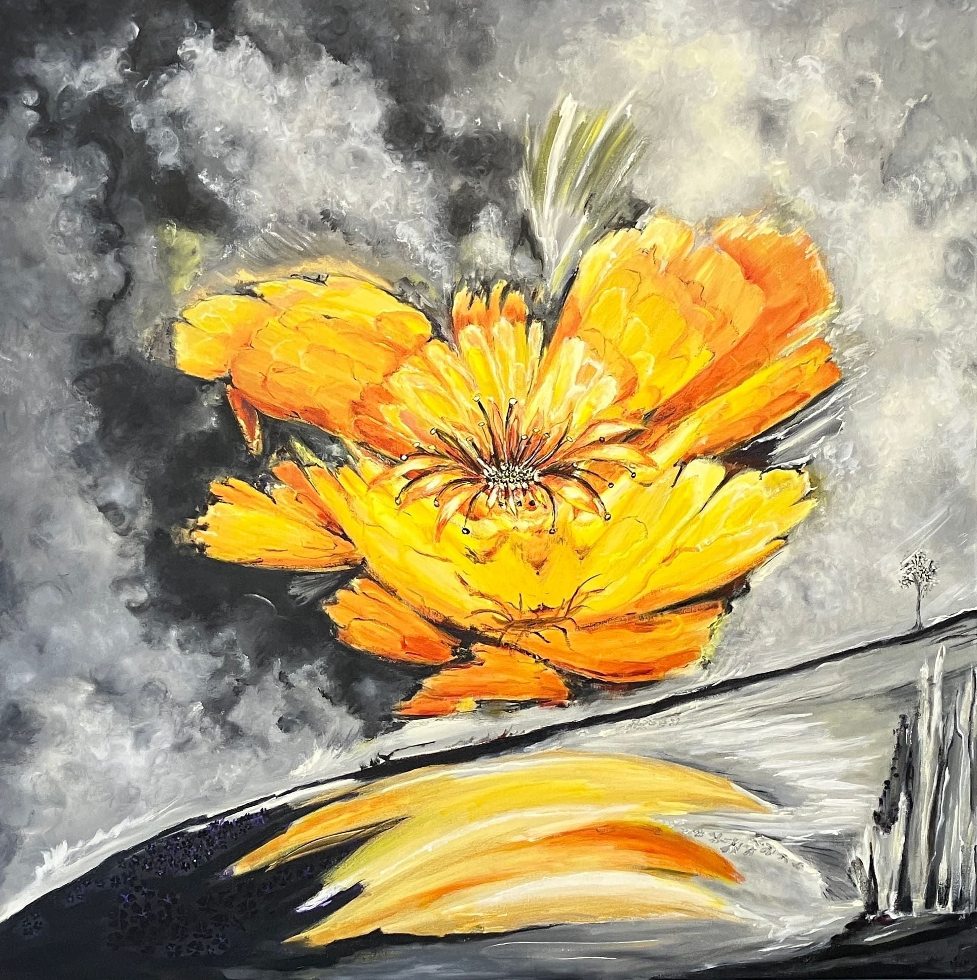 02. Orange blomst. Akryl på lærred 100 x 100 cm