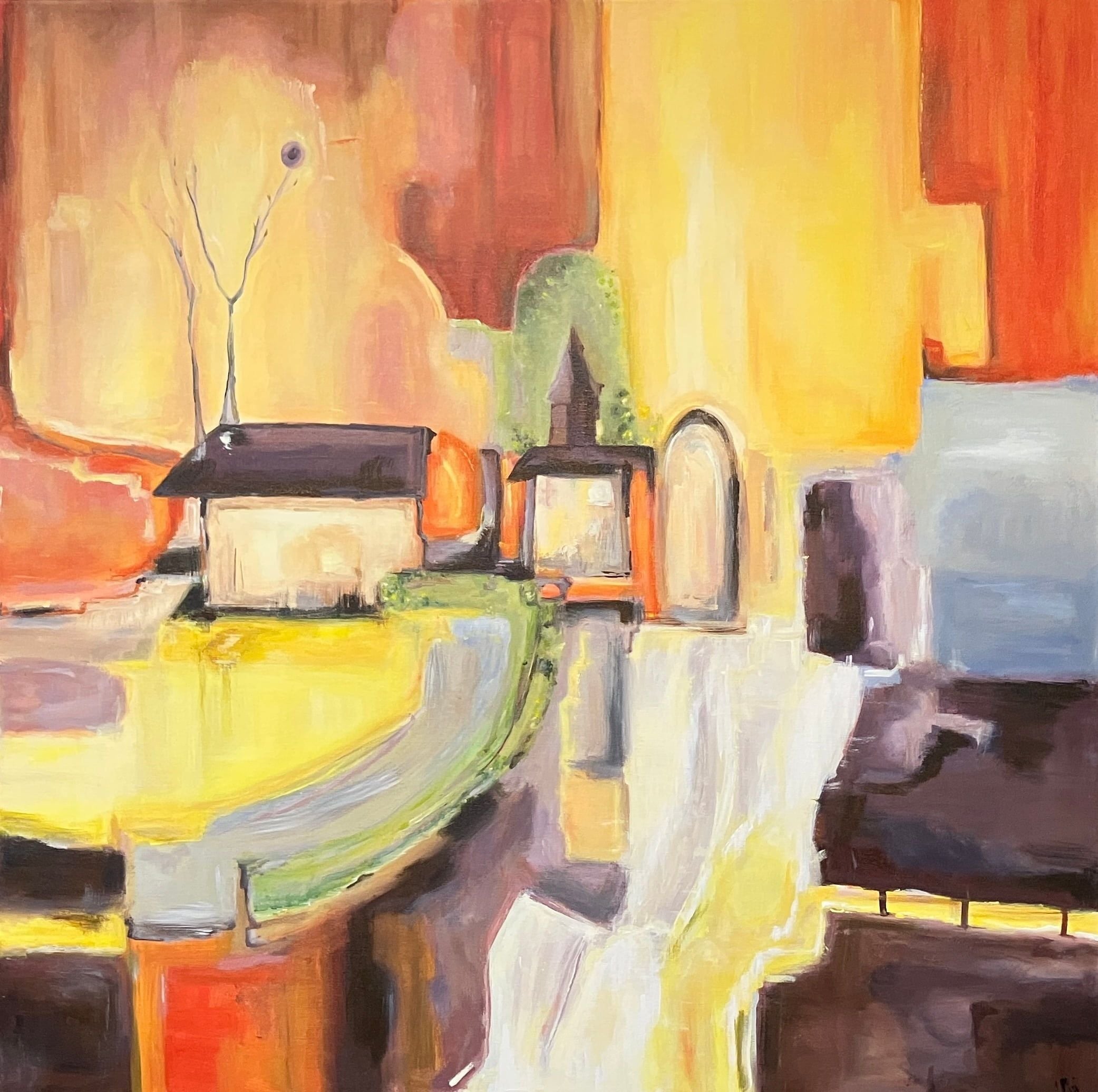 04. Landsbyidyl. Akryl på 100 x 100 cm